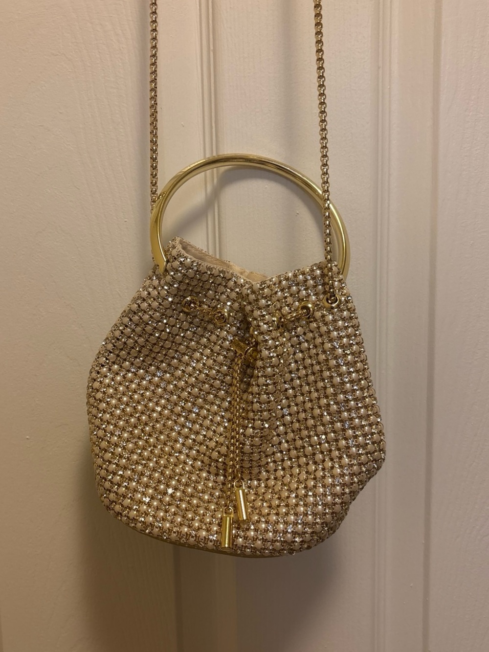 Madison West Gold Crystal-Studded Mini Bucket Bag with Ring Handle